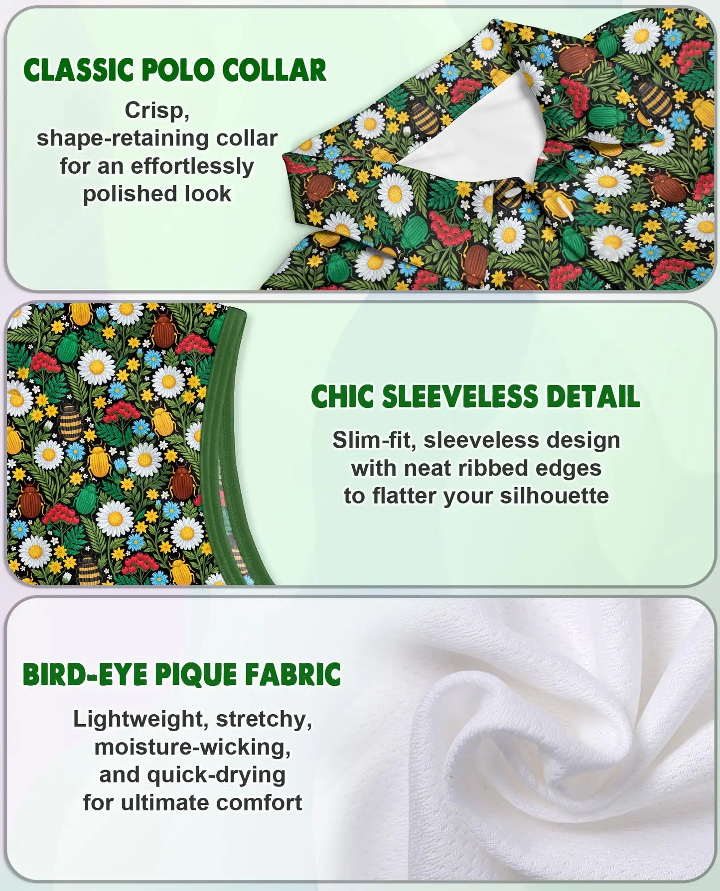 Daisy And Honey Bee Print Sleeveless Polo Shirt for Women | Azhawaiian
