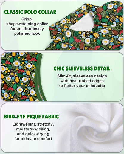 Daisy And Honey Bee Print Sleeveless Polo Shirt for Women | Azhawaiian