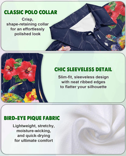 Turtle In Tropical Sleeveless Polo Shirt for Women, Ocean Island Style | Azhawaiian