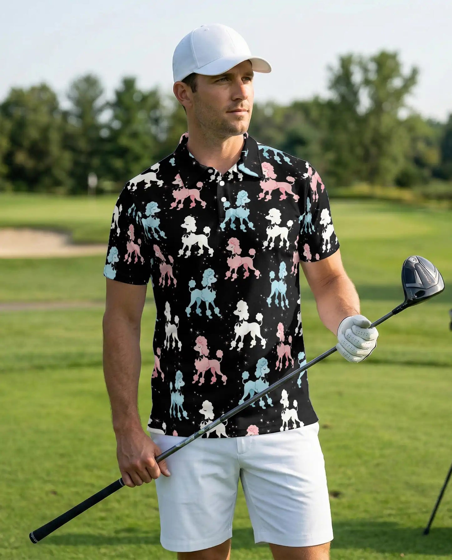 Retro Poodle Polo Shirt for Men-Vintage Pink Blue Poodle Dog Pattern Shirt | Azhawaiian