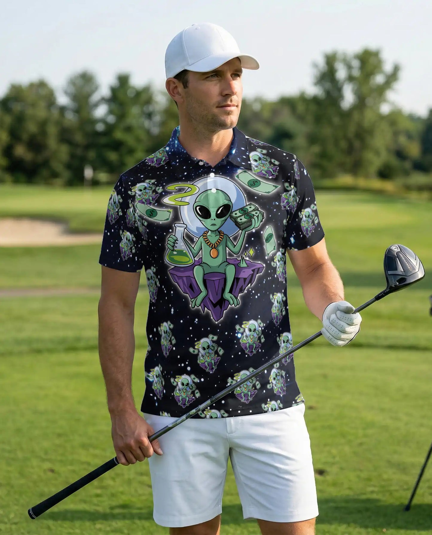 Funny Alien 3D Polo Shirt for Men, Space Cartoon Sci-Fi Style | Azhawaiian
