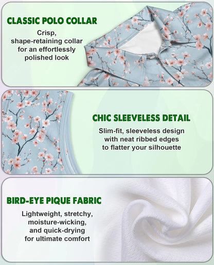 Japanese Sakura Sleeveless Polo Shirt for Women, Elegant Cherry Blossom Style | Azhawaiian
