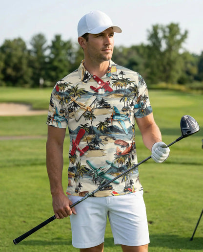Vintage Airplane Retro 3D Polo Shirt for Men, Tropical Beach Island Style | Azhawaiian
