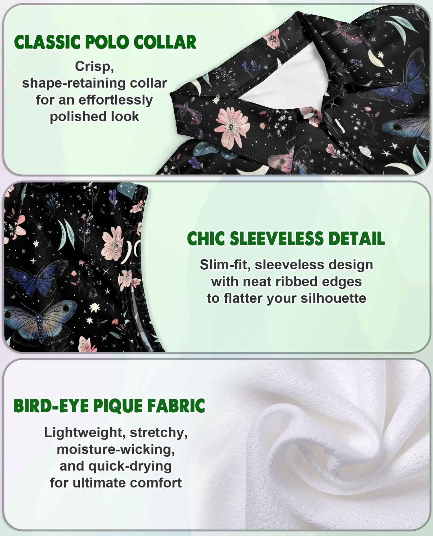 Dark Botanical Moth Pattern Sleeveless Polo Shirt for Women | Azhawaiian