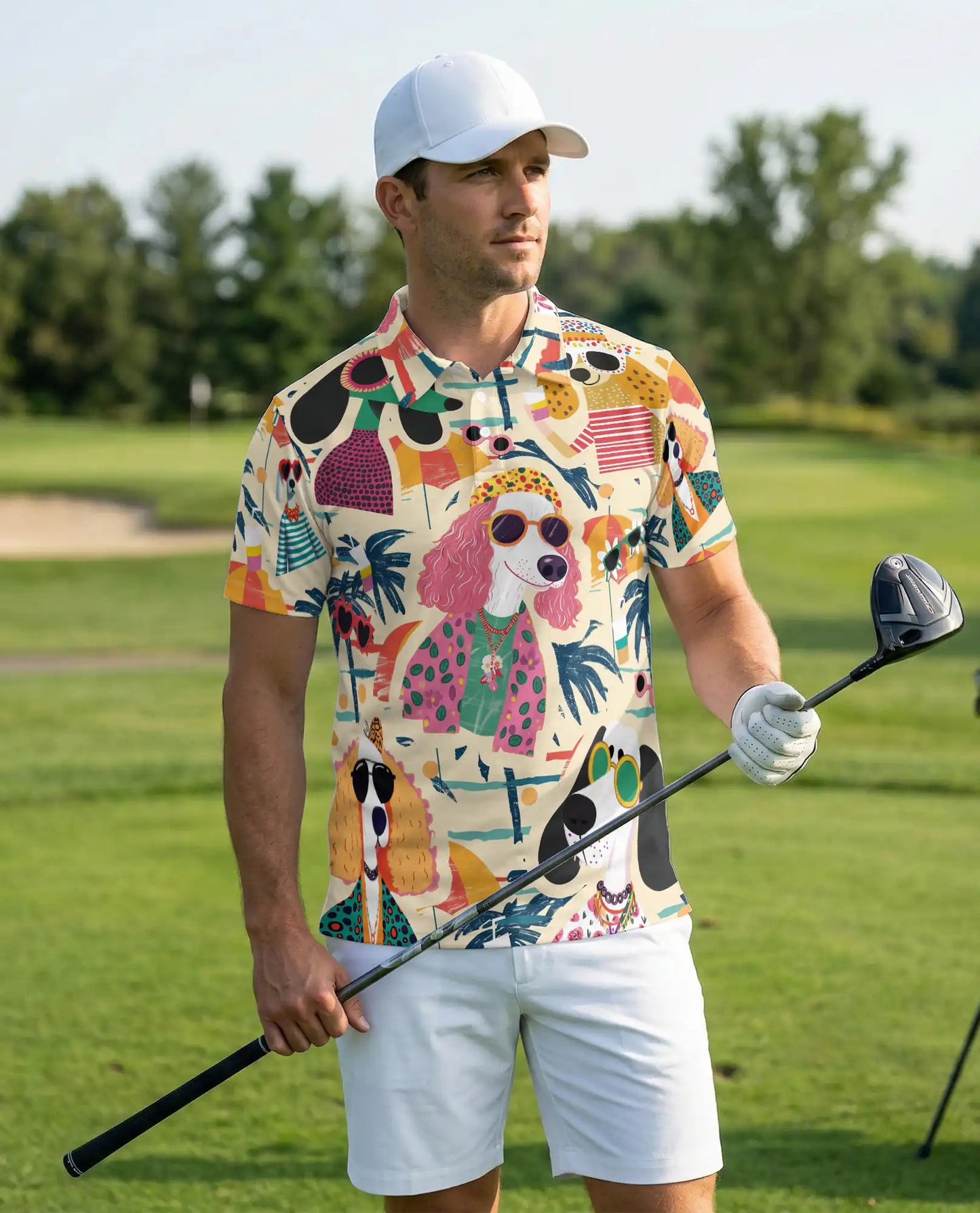 Retro Summer Stylish Dogs Beach Party Polo Shirt for Men | Azhawaiian