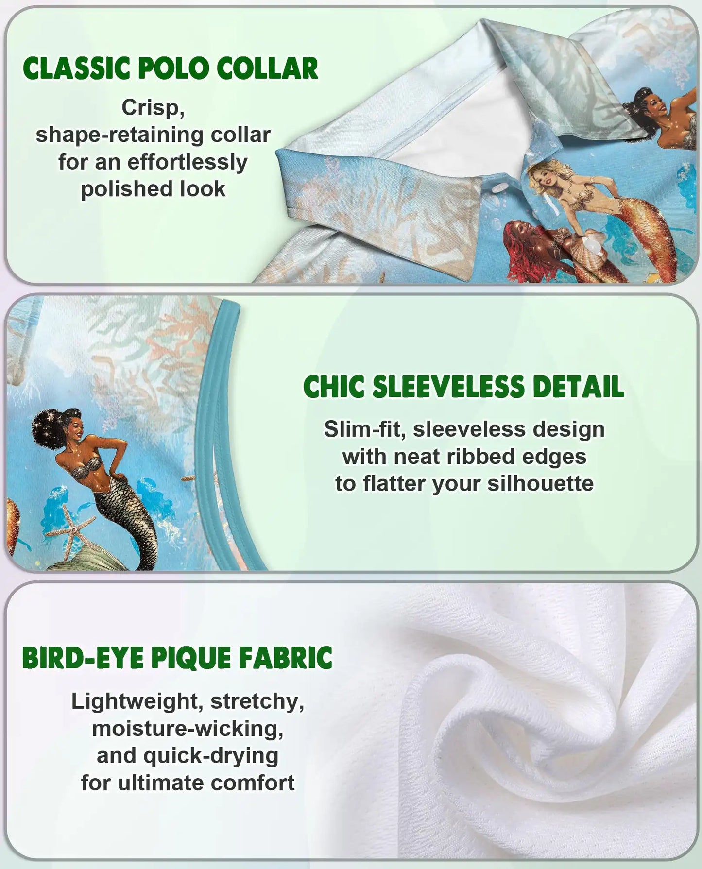 Lovely Mermaid Sea Sleeveless Polo Shirt for Women, Ocean Fantasy Style | Azhawaiian