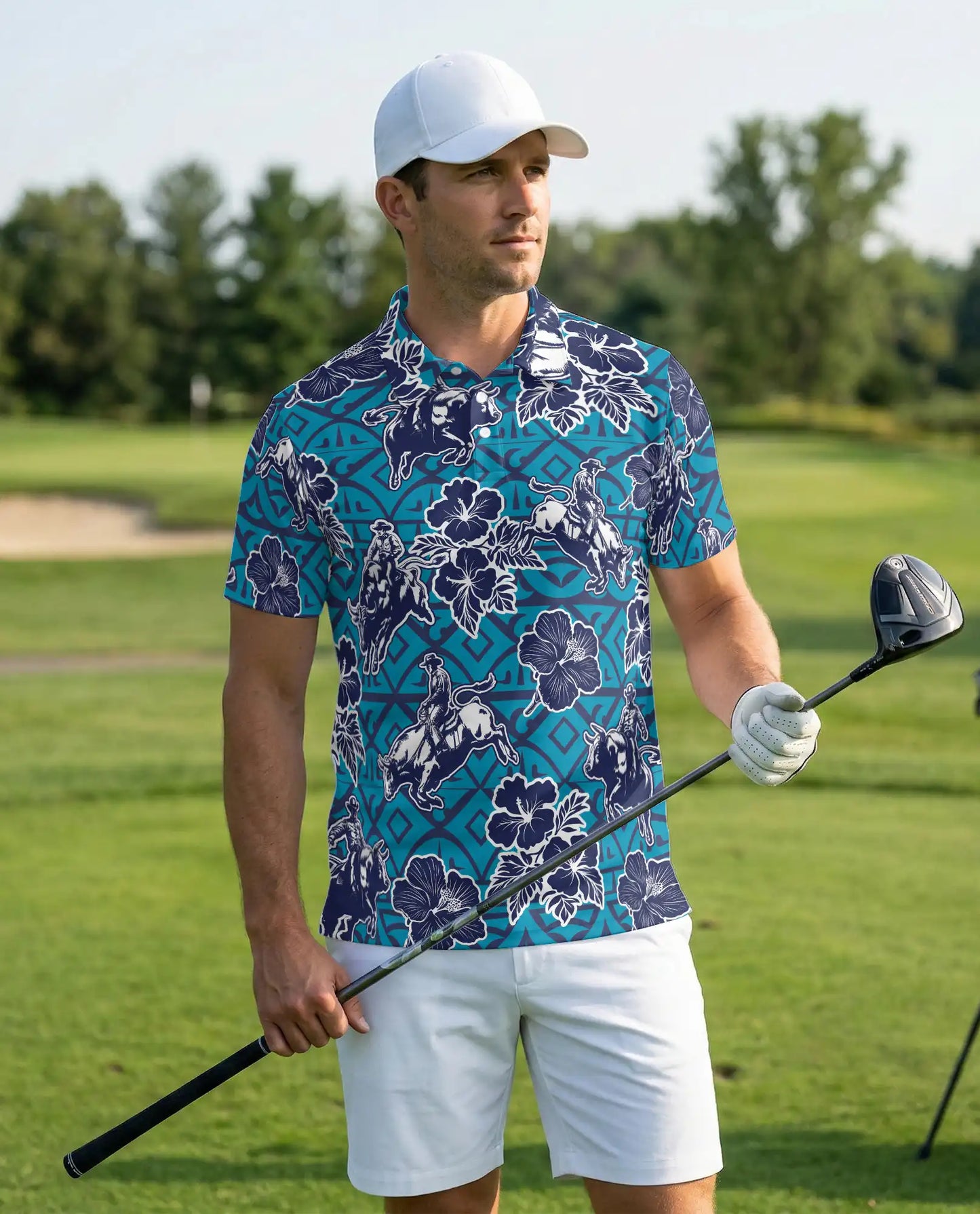 Cowboy Rodeo Polo Shirt, Blue Western Floral Print | Azhawaiian