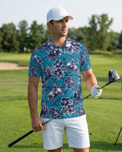 Cowboy Rodeo Polo Shirt, Blue Western Floral Print | Azhawaiian