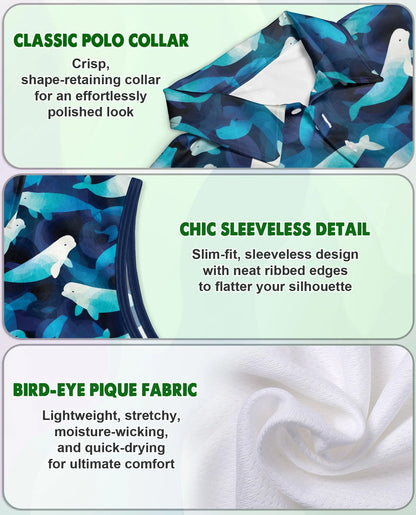 Beluga Whales Sleeveless Polo Shirt for Women, Ocean Animal Style