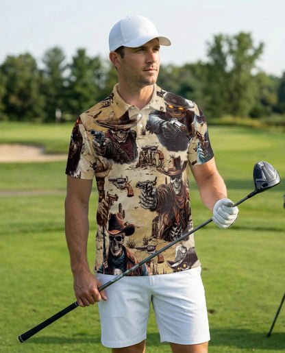 Skeleton Cowboy Gunslinger Polo Shirt Wild West Skull Western Outlaw Design | Azhawaiian