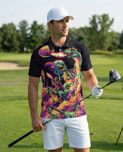 Space Dinosaur Polo Shirt, T-Rex Galaxy Print | Azhawaiian