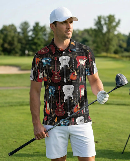 Electric Guitar Hawaiian Polo Shirt | Rock Music Guitar Pattern Shirt | Azhawaiian