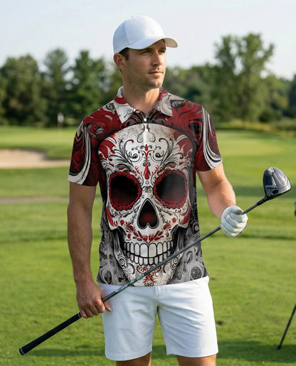 Sugar Skull Polo Shirt, Red Gothic Style | Azhawaiian