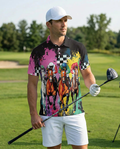 Color Splash Horse Racing 3D Polo Shirt for Men, Dynamic Jockey Derby Style | Azhawaiian
