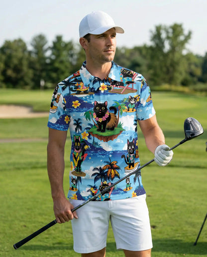 Tropical Black Cat 3D Polo Shirt for Men, Hawaiian Beach Cartoon Style | Azhawaiian