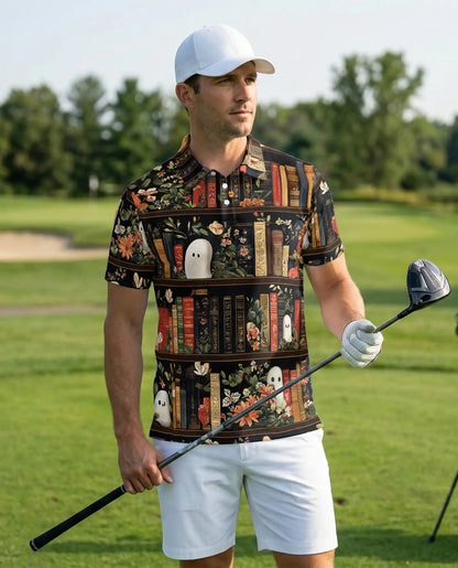 Ghost Library 3D Polo Shirt for Men, Vintage Floral Bookcase Style | Azhawaiian