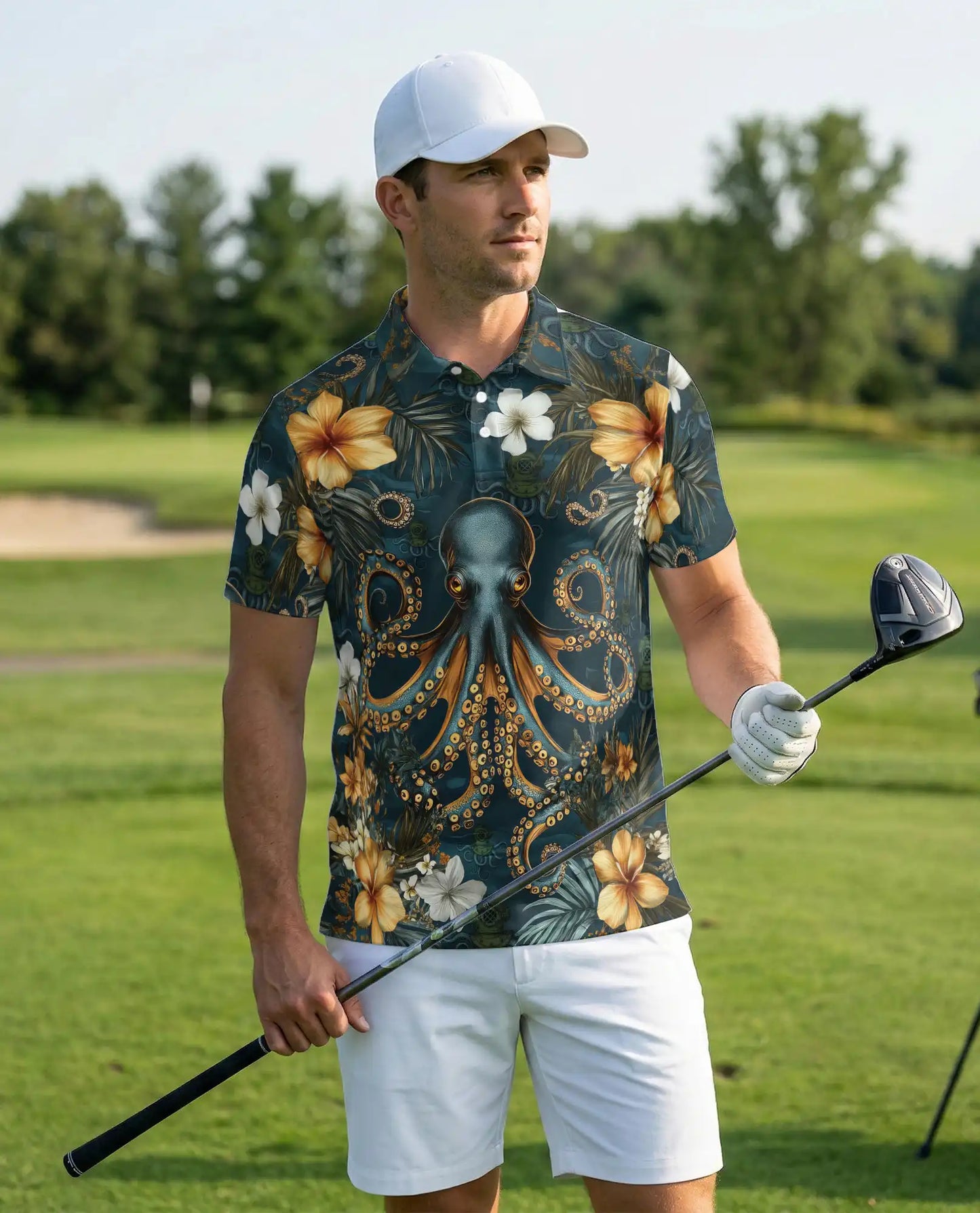 Octopus Polo Shirt for Men-Tropical Ocean Sea Creature Nautical Beach Shirt | Azhawaiian