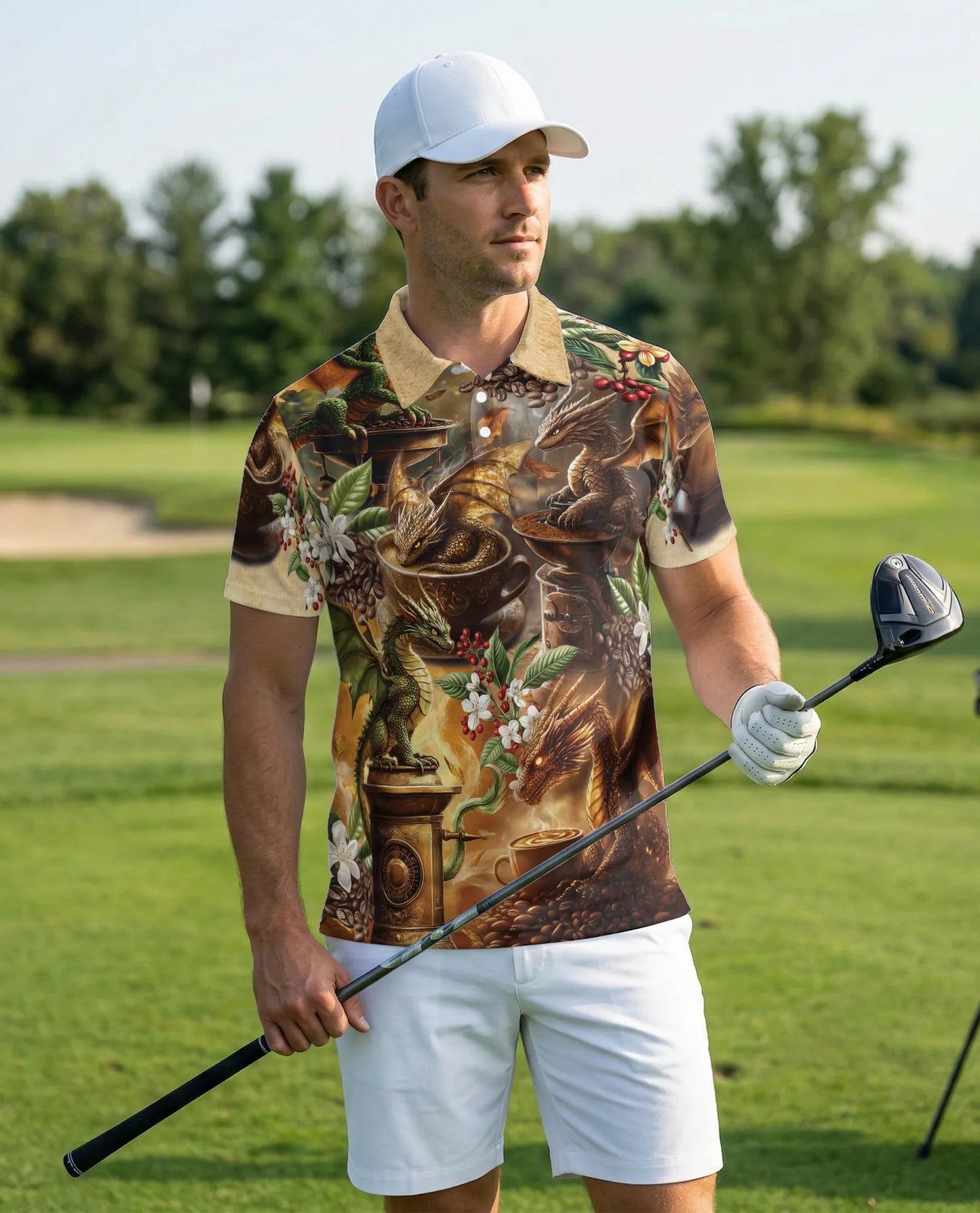Dragon Coffee 3D Polo Shirt for Men, Fantasy Espresso Art Style | Azhawaiian