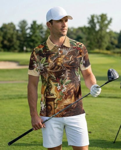 Dragon Coffee 3D Polo Shirt for Men, Fantasy Espresso Art Style | Azhawaiian