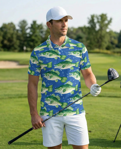 Largemouth Bass Fish Polo Shirt for Men- Angler Fish Pattern | Azhawaiian