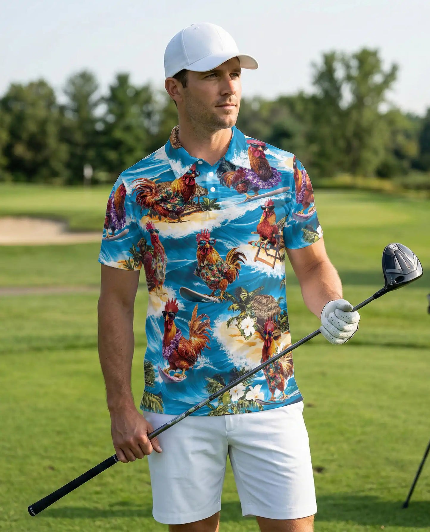 Surfing Rooster 3D Polo Shirt for Men, Funny Beach Chicken Style | Azhawaiian