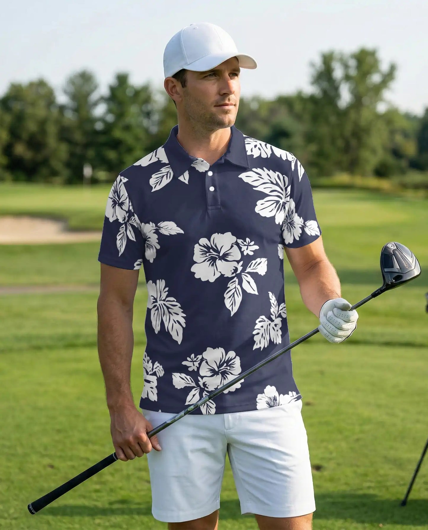 Navy Blue Hibiscus Polo Shirt for Men- Print Tropical Floral | Azhawaiian