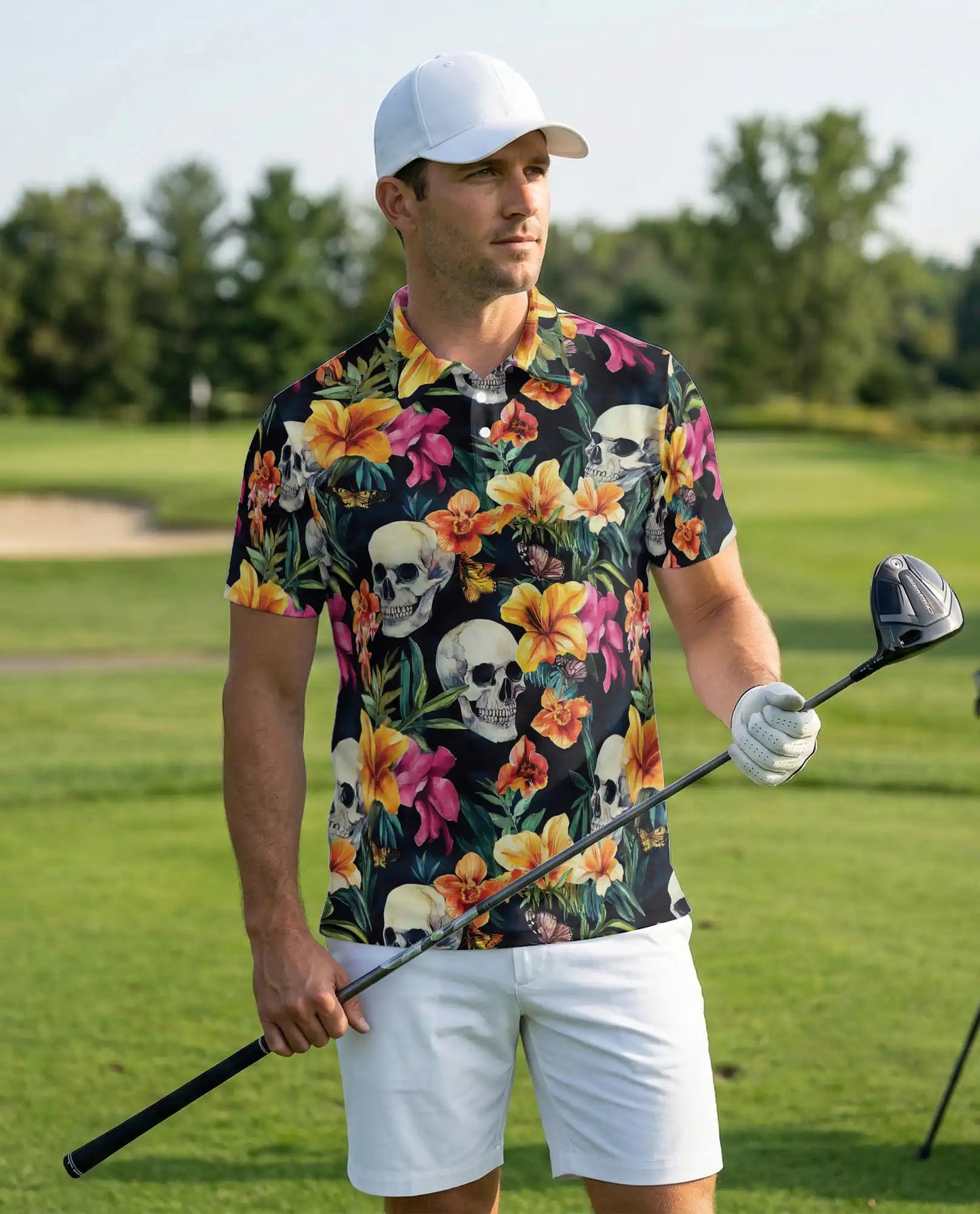 Tropical Skull Floral Polo Shirt -Gothic Botanical Print | Azhawaiian