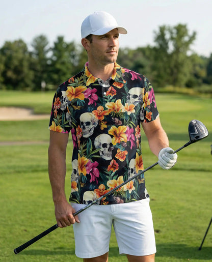 Tropical Skull Floral Polo Shirt -Gothic Botanical Print | Azhawaiian