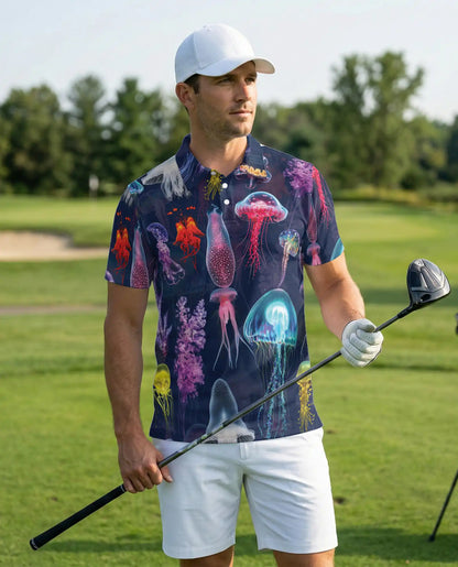 Jellyfish Polo Shirt, Colorful Deep Sea Ocean Print | Azhawaiian