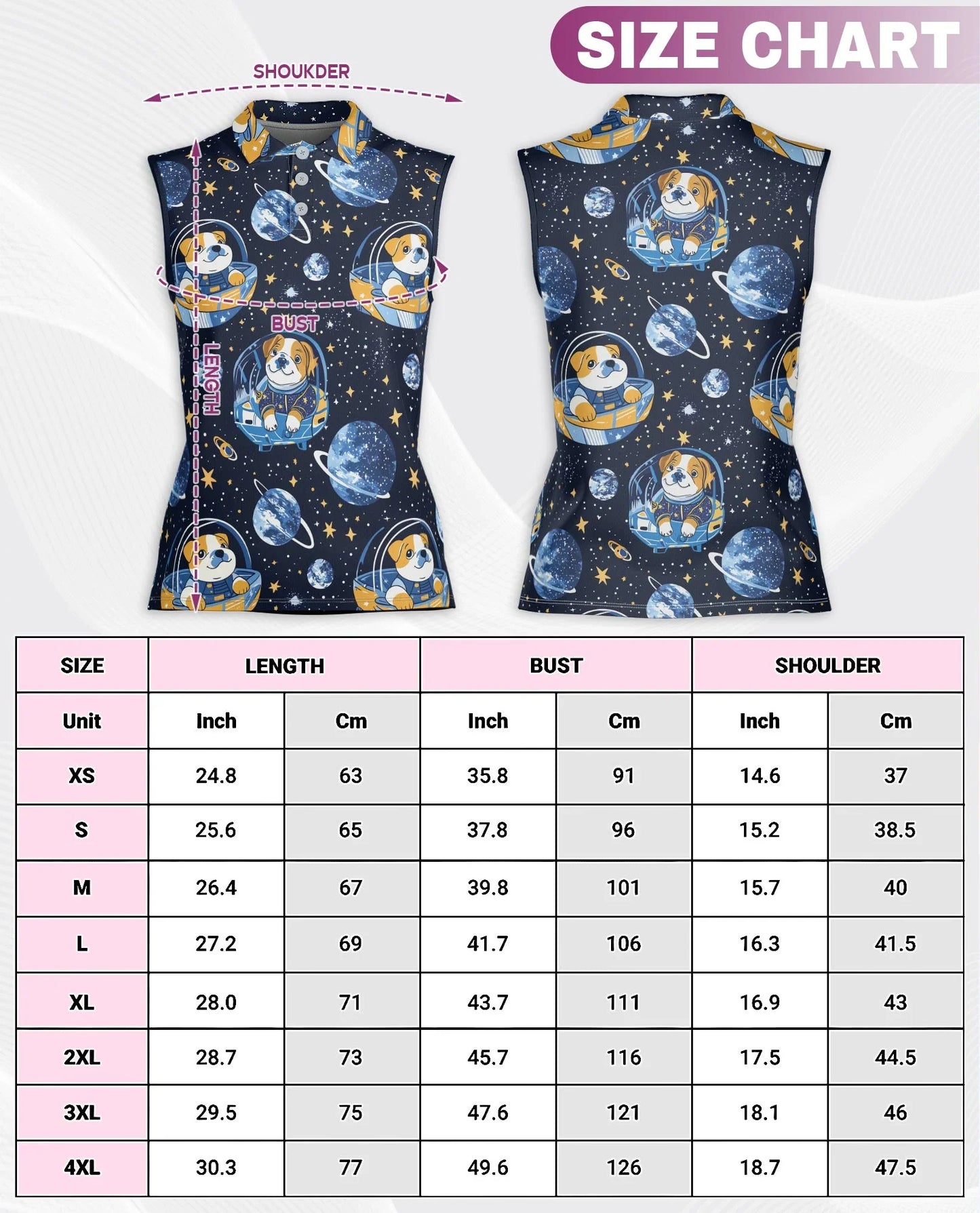 Space English Bulldog Astronaut Sleeveless Polo Shirt for Women | Azhawaiian