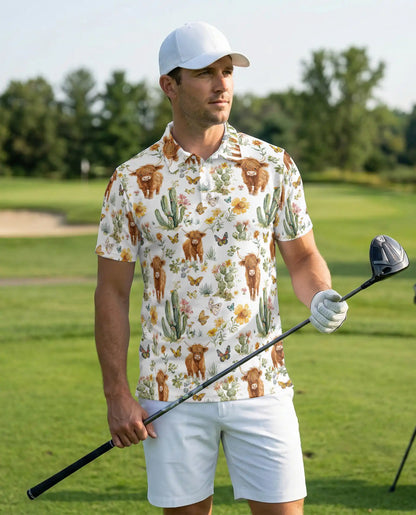 Highland Cow Cactus Polo Shirt, Cute Western Style | Azhawaiian
