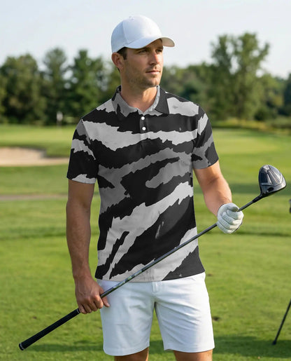 Black White Abstract 3D Polo Shirt for Men, Modern Brushstroke Style | Azhawaiian