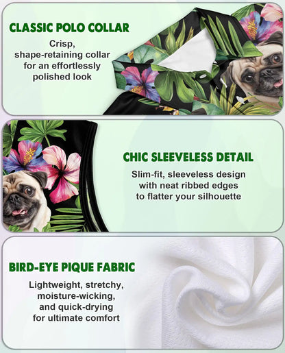 Tropical Pug Sleeveless Polo Shirt for Women, Cute Dog Summer Style