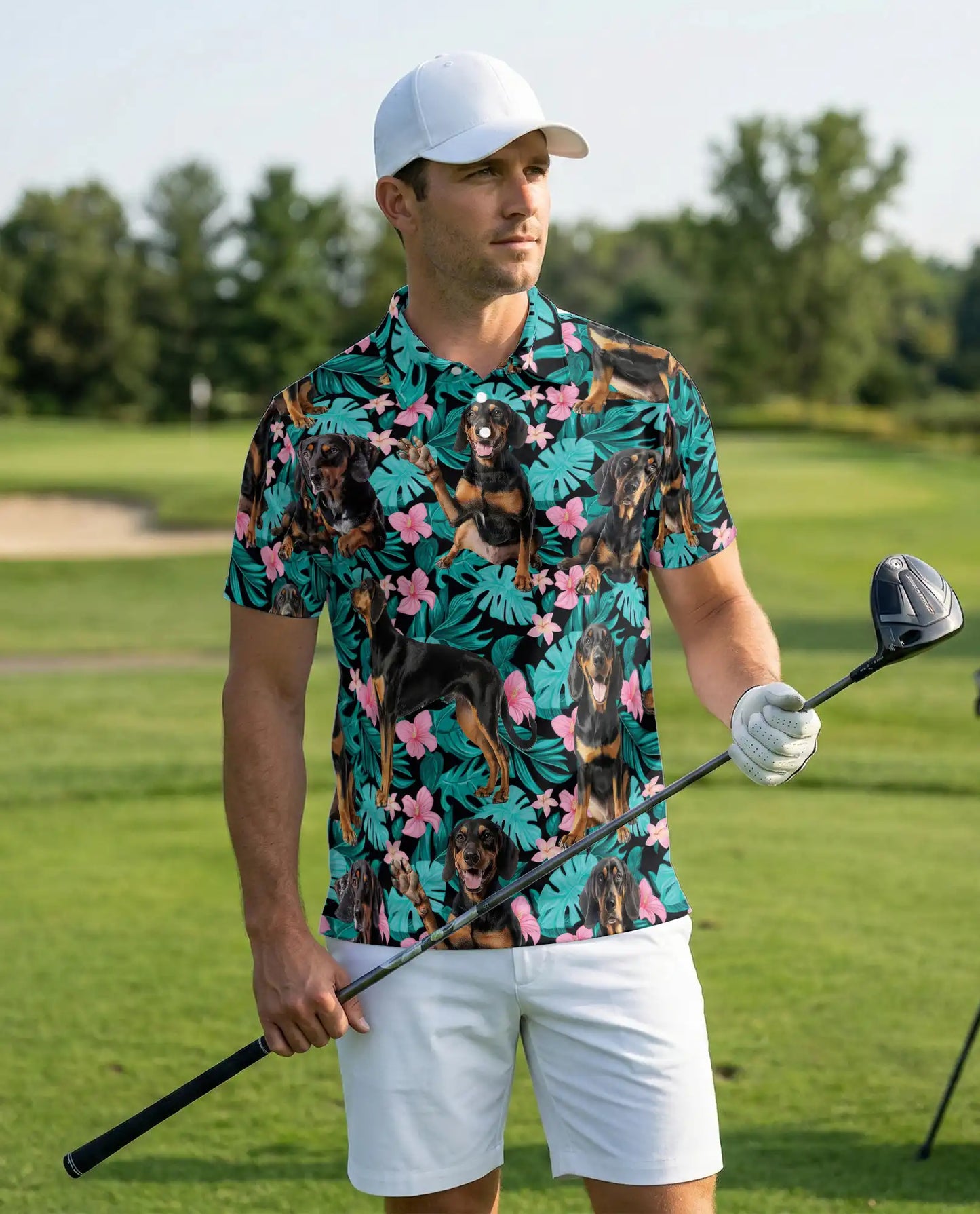 Doberman Tropical Polo Shirt, Floral Dog Print | Azhawaiian