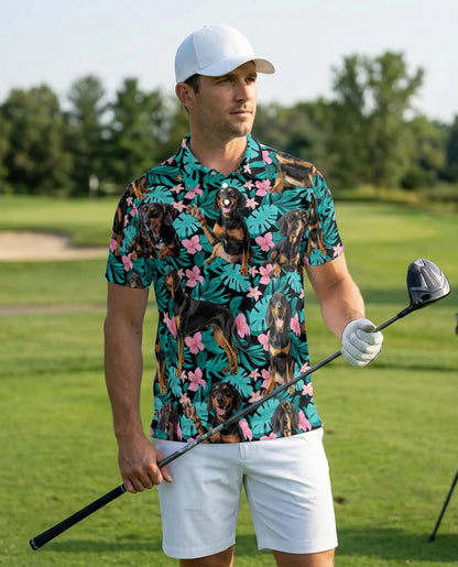 Doberman Tropical Polo Shirt, Floral Dog Print | Azhawaiian