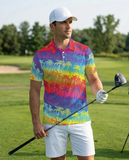 Rainbow Palm Tree Polo Shirt, Tropical Sunset Paradise Print | Azhawaiian
