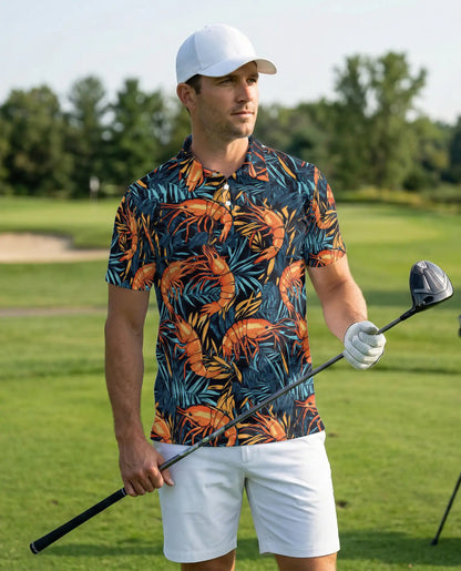 Tropical Shrimp Seafood 3D Polo Shirt for Men, Coastal Ocean Hawaiian Style | Azhawaiian