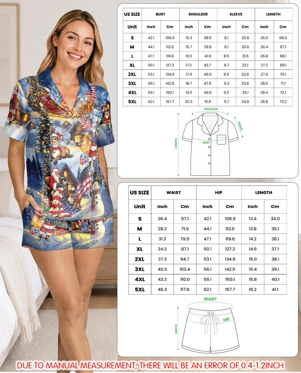 Patriotic Christmas Pajama Set for Women – Santa & American Flag Print