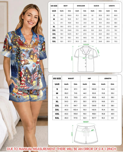 Patriotic Christmas Pajama Set for Women – Santa & American Flag Print