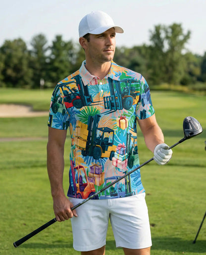 Forklift Tropical Warehouse 3D Polo Shirt for Men, Funny Logistics Worker Style | Azhawaiian