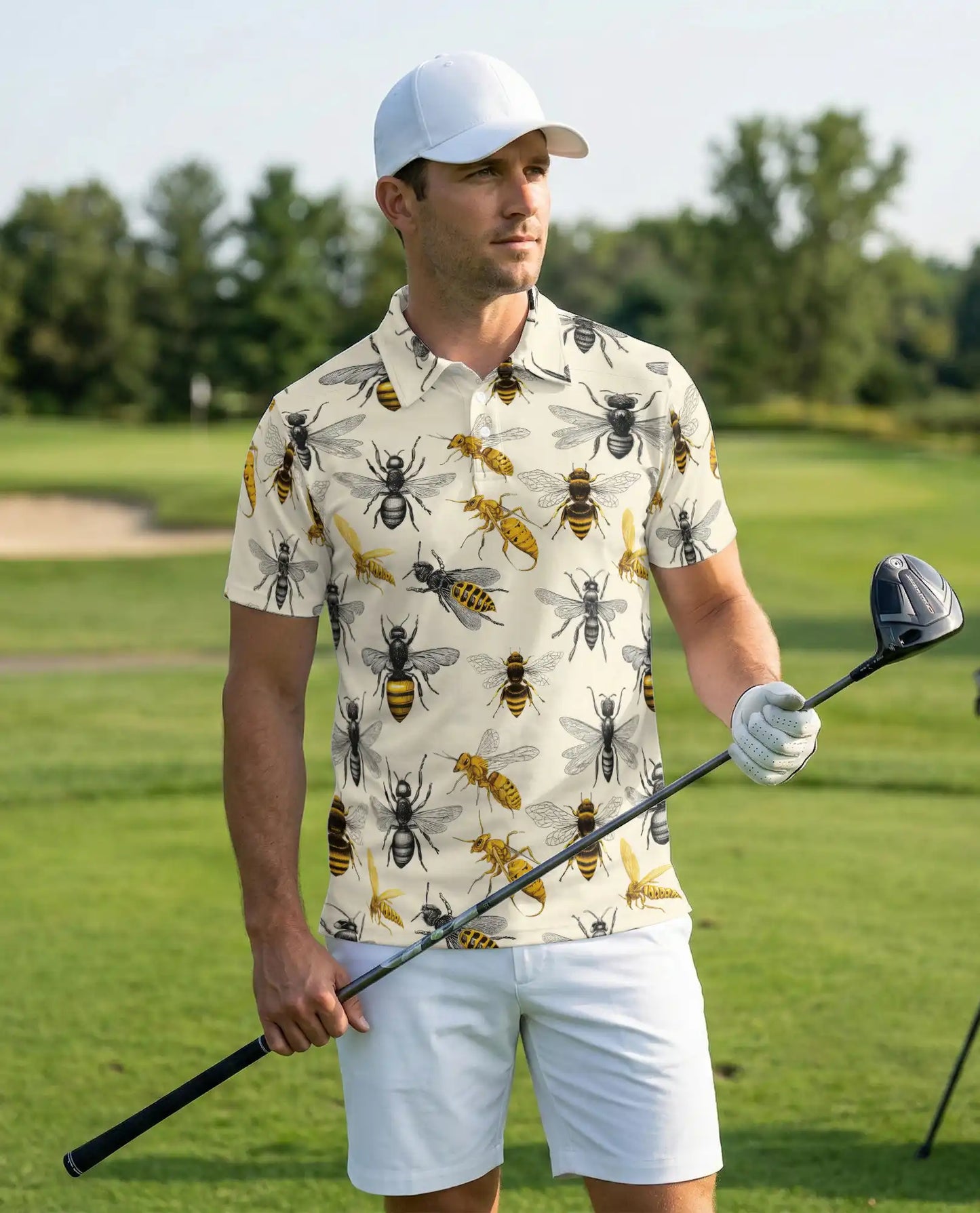 Bee Polo Shirt, Vintage Pollinator Insect Print | Azhawaiian