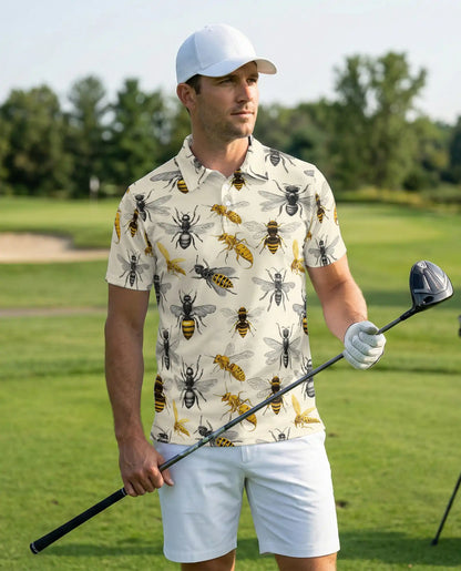 Bee Polo Shirt, Vintage Pollinator Insect Print | Azhawaiian