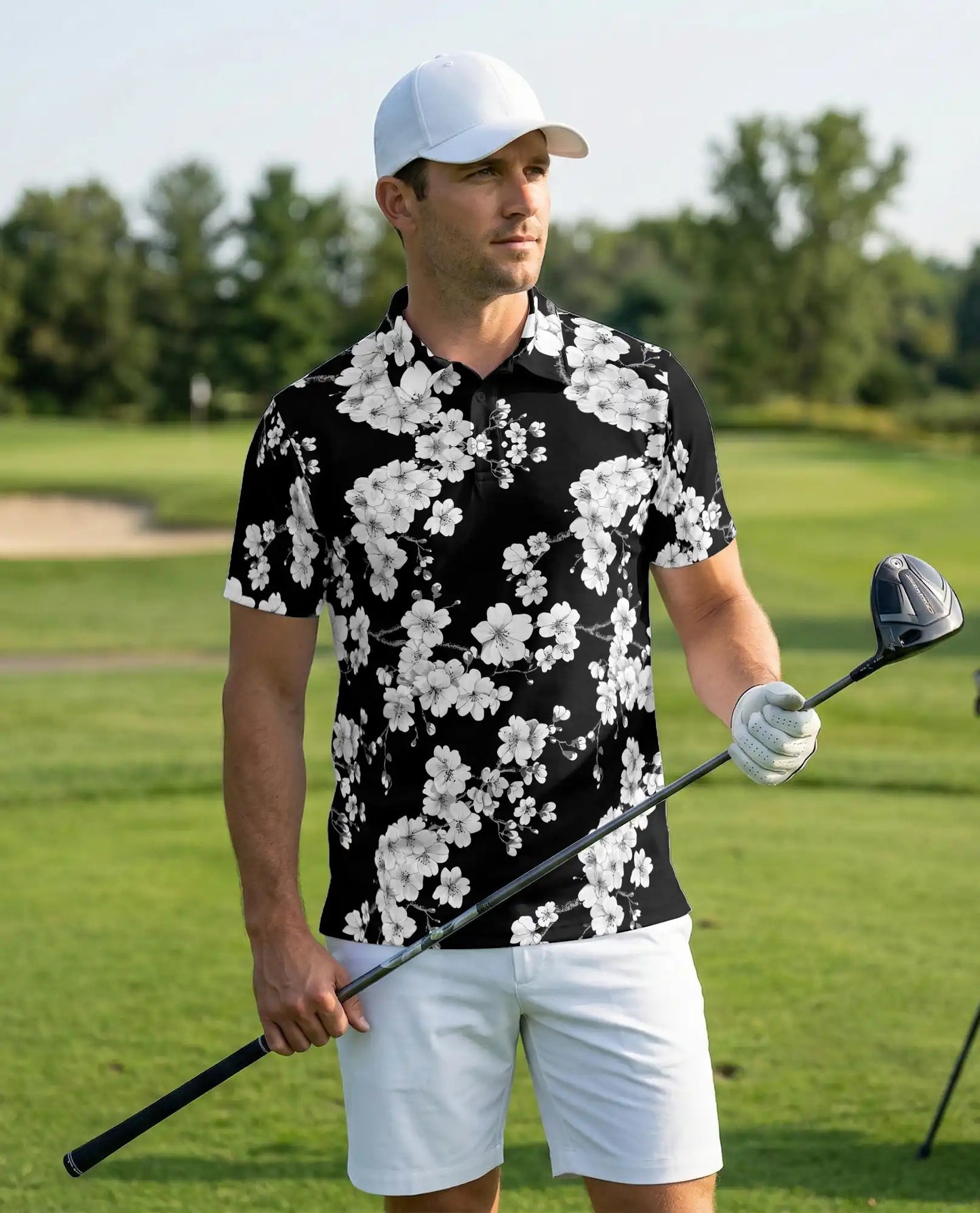 Black White Floral Hawaiian 3D Polo Shirt for Men | Azhawaiian