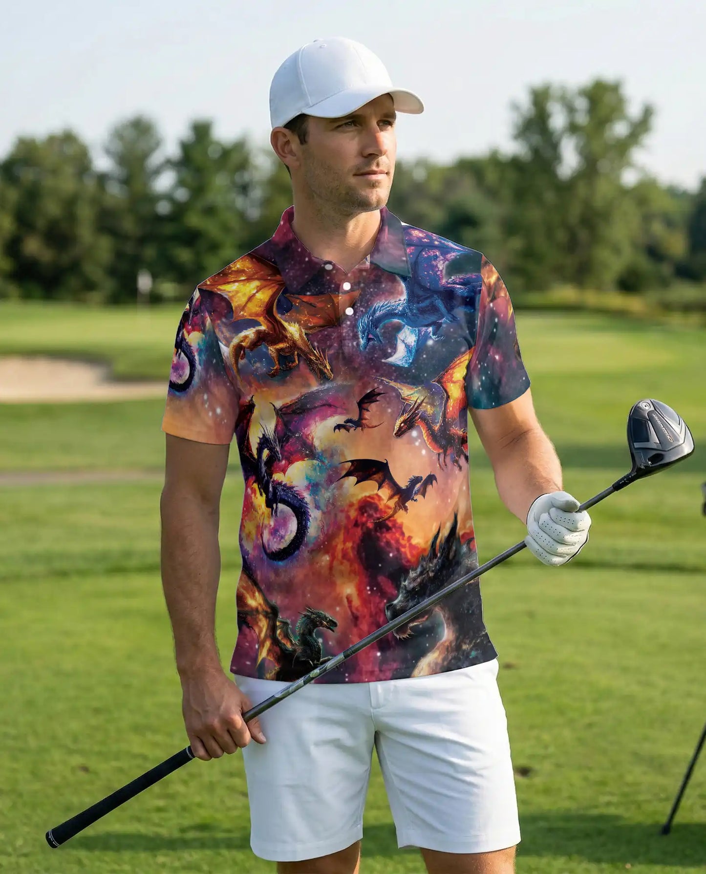 Cosmic Fantasy Dragon 3D Polo Shirt for Men, Galaxy Mythical Creature Style | Azhawaiian
