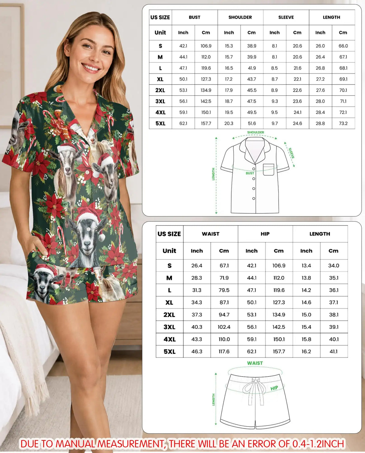 Christmas Goat Pajama Set for Women – Santa Hat & Poinsettia Print