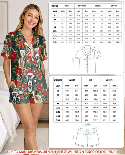 Christmas Goat Pajama Set for Women – Santa Hat & Poinsettia Print
