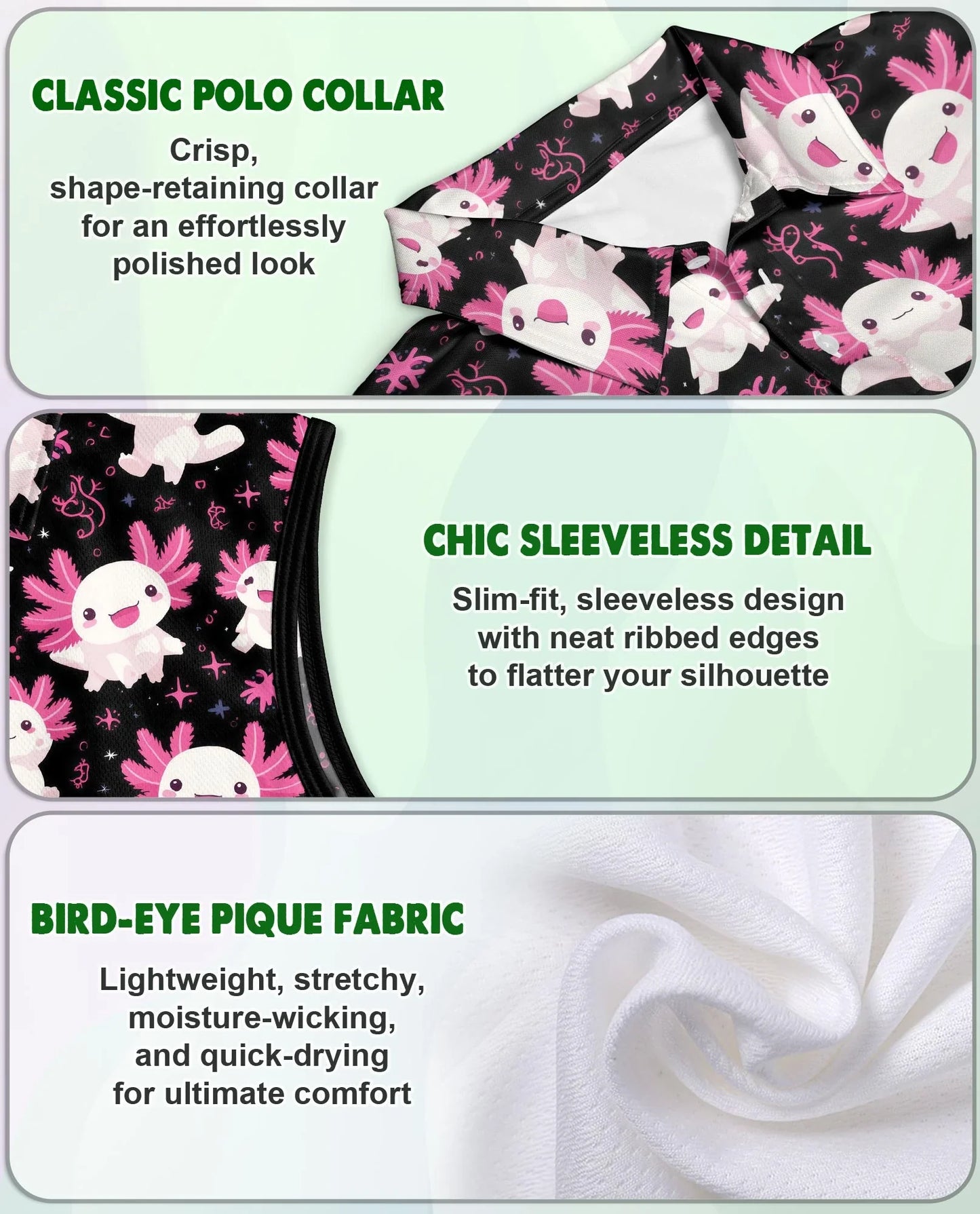 Axolotl Pattern Sleeveless Polo Shirt for Women, Cute Aquatic Animal Style | Azhawaiian