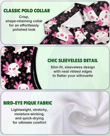 Axolotl Pattern Sleeveless Polo Shirt for Women, Cute Aquatic Animal Style | Azhawaiian