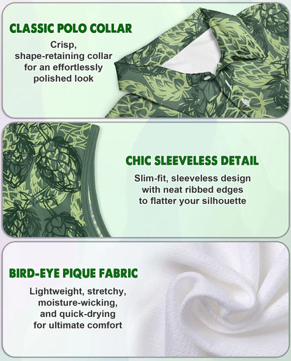 Hops Pattern Sleeveless Polo Shirt for Women, Botanical Craft Style | Azhawaiian
