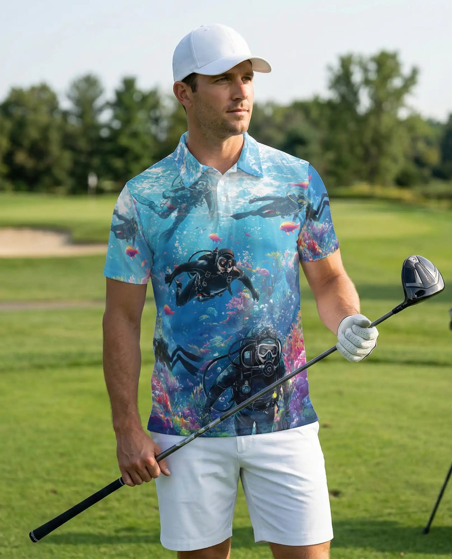 Scuba Diving Polo Shirt, Ocean Reef Print | Azhawaiian